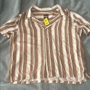 Brown and White Striped Button-Up Shirt